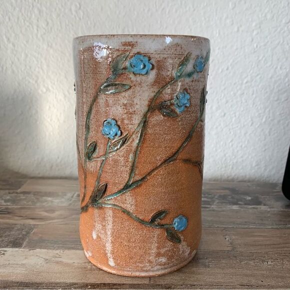 Vintage Schau Pottery Clay Glazed Floral Handmade 3D Vase Terracotta Blue 7”H - Picture 5 of 12
